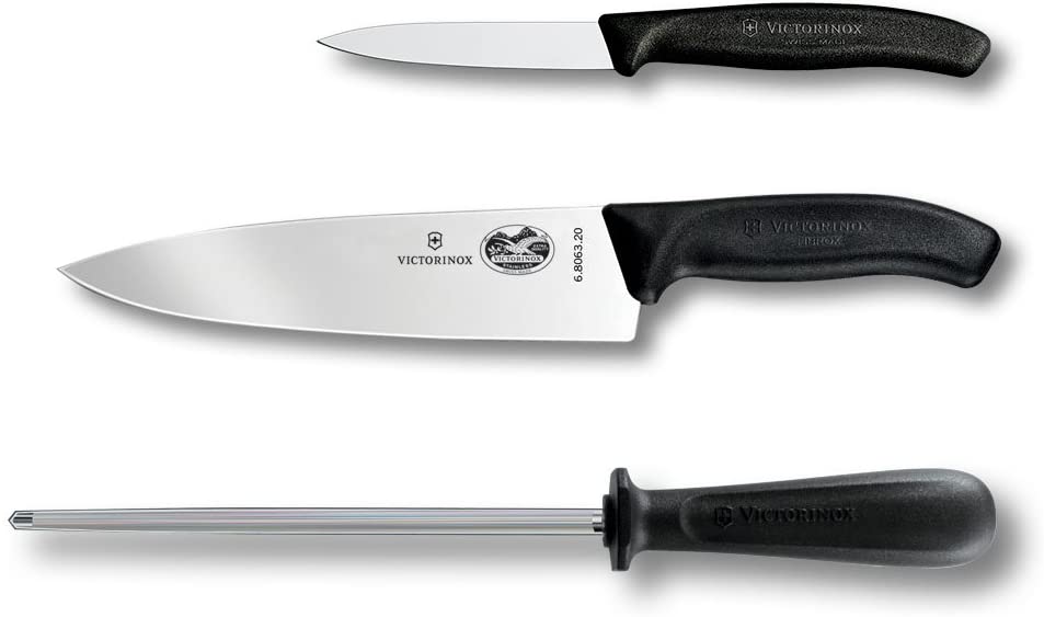 Victorinox 스위스 육군 요리사의 번들 나이프 세트, 8 인치 주방장 칼, 3.25 인치 파링 나이프 및 10 인치 호닝 스틸 포함