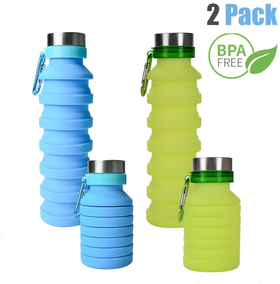 ZOORON Collapsible Water Bottle, BPA 무료 실리콘 접이식 여행용 워터병 세트 여행용 및 옥외용으로 디자인 된 Carabiner가있는 경량 / 친환경 수병 (B-Blue + Green 2Pack)