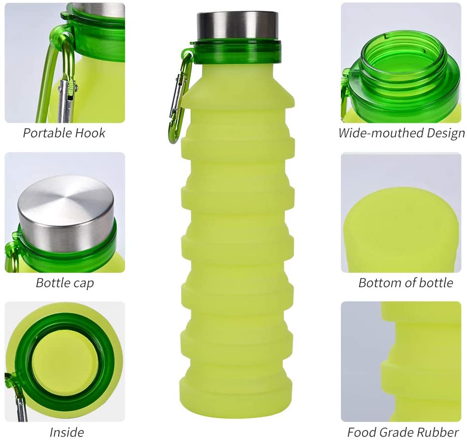 ZOORON Collapsible Water Bottle, BPA 무료 실리콘 접이식 여행용 워터병 세트 여행용 및 옥외용으로 디자인 된 Carabiner가있는 경량 / 친환경 수병 (B-Blue + Green 2Pack)