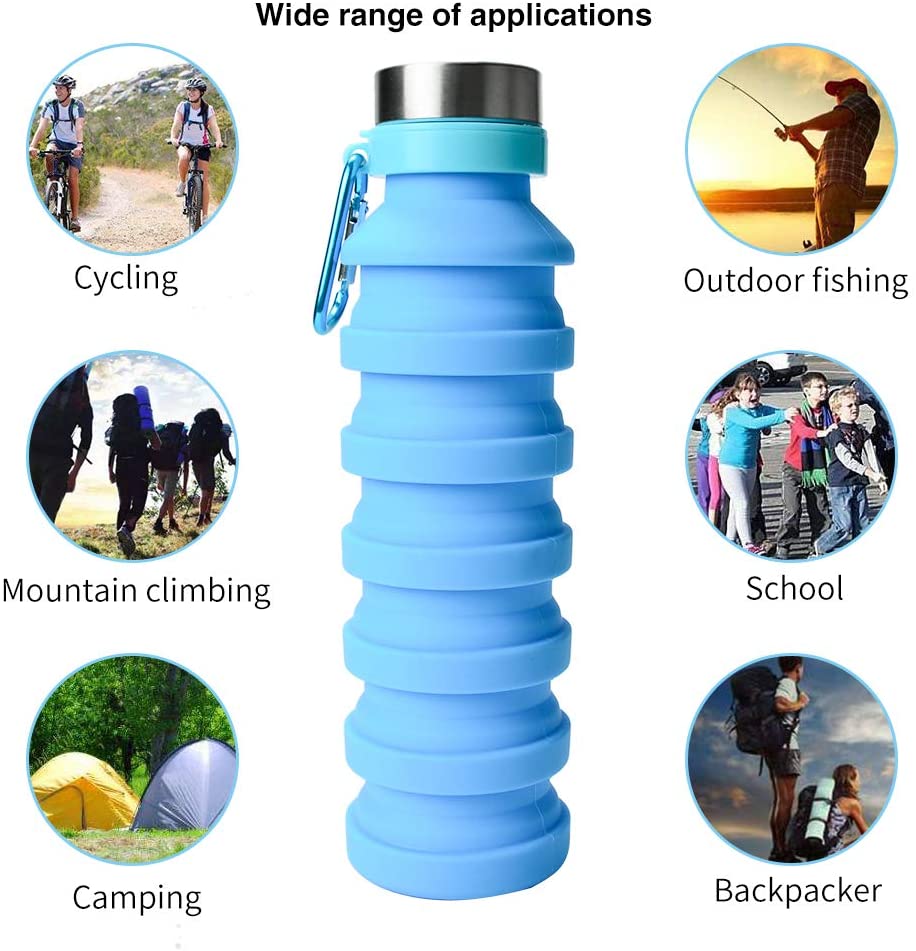 ZOORON Collapsible Water Bottle, BPA 무료 실리콘 접이식 여행용 워터병 세트 여행용 및 옥외용으로 디자인 된 Carabiner가있는 경량 / 친환경 수병 (B-Blue + Green 2Pack)