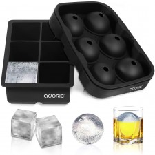Adoric Ice Cube Trays 실리콘 2 개 세트, 위스키, 재사용 가능 및 BPA 프리 (Ice Cube Trays 실리콘 세트 2) 뚜껑이있는 구형 아이스 볼 제조기 및 위스키 용 대형 사각형 아이스 큐브 몰드