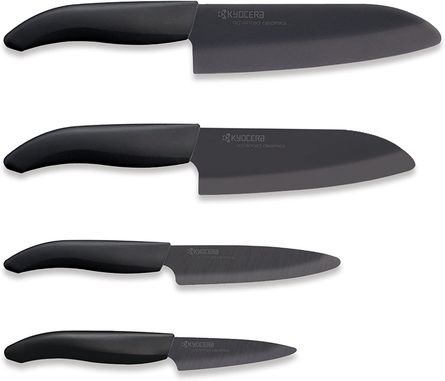 쿄 세라 Advanced Ceramic Revolution 4 피스 나이프 세트 : 6 인치 주방장의 Santoku, 5.5 인치 Santoku, 4.5 인치 유틸리티 및 3 인치 파링 블랙 손잡이 / 블랙 블레이드 포함