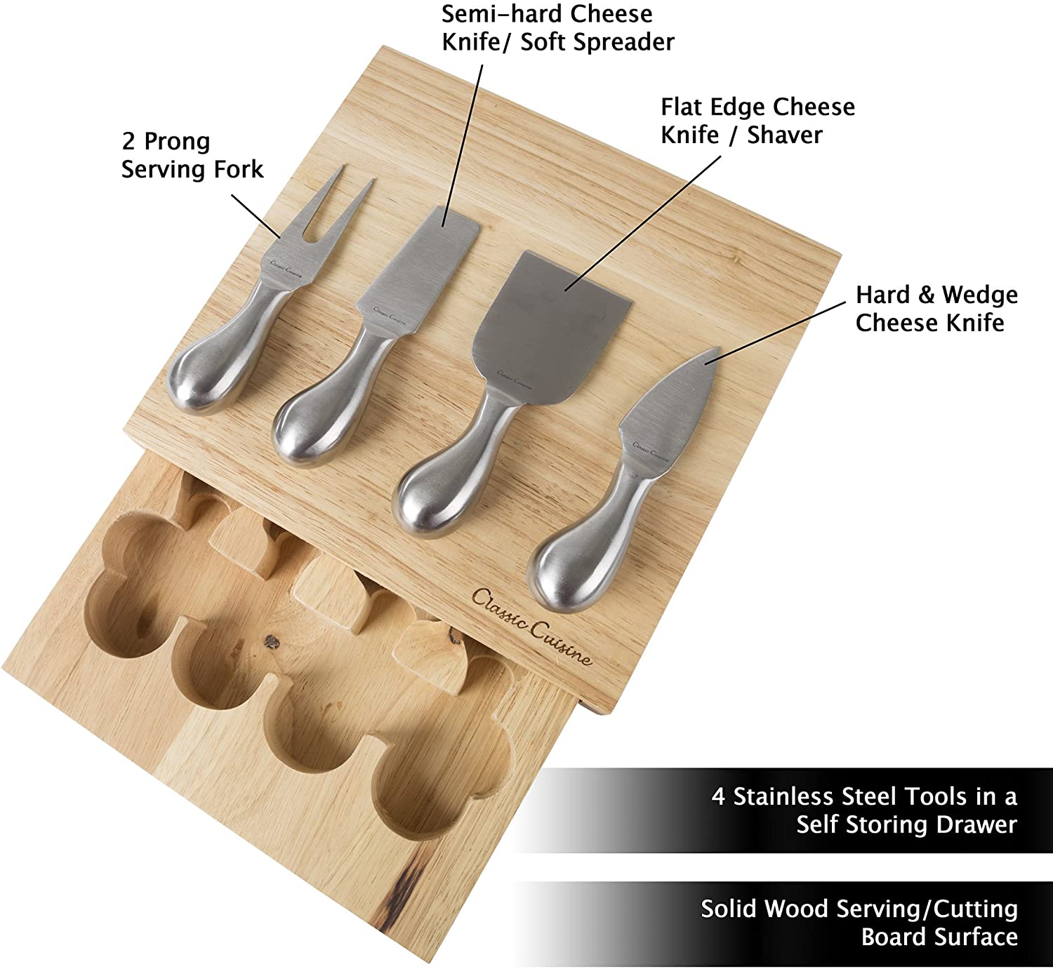 치즈 보드 5 조각 세트 매일 스테인레스 스틸 도구와 나무 커팅 블록, 엔터테인먼트, 소풍, 선물 8.6 x 8.25 Classic Cuisine