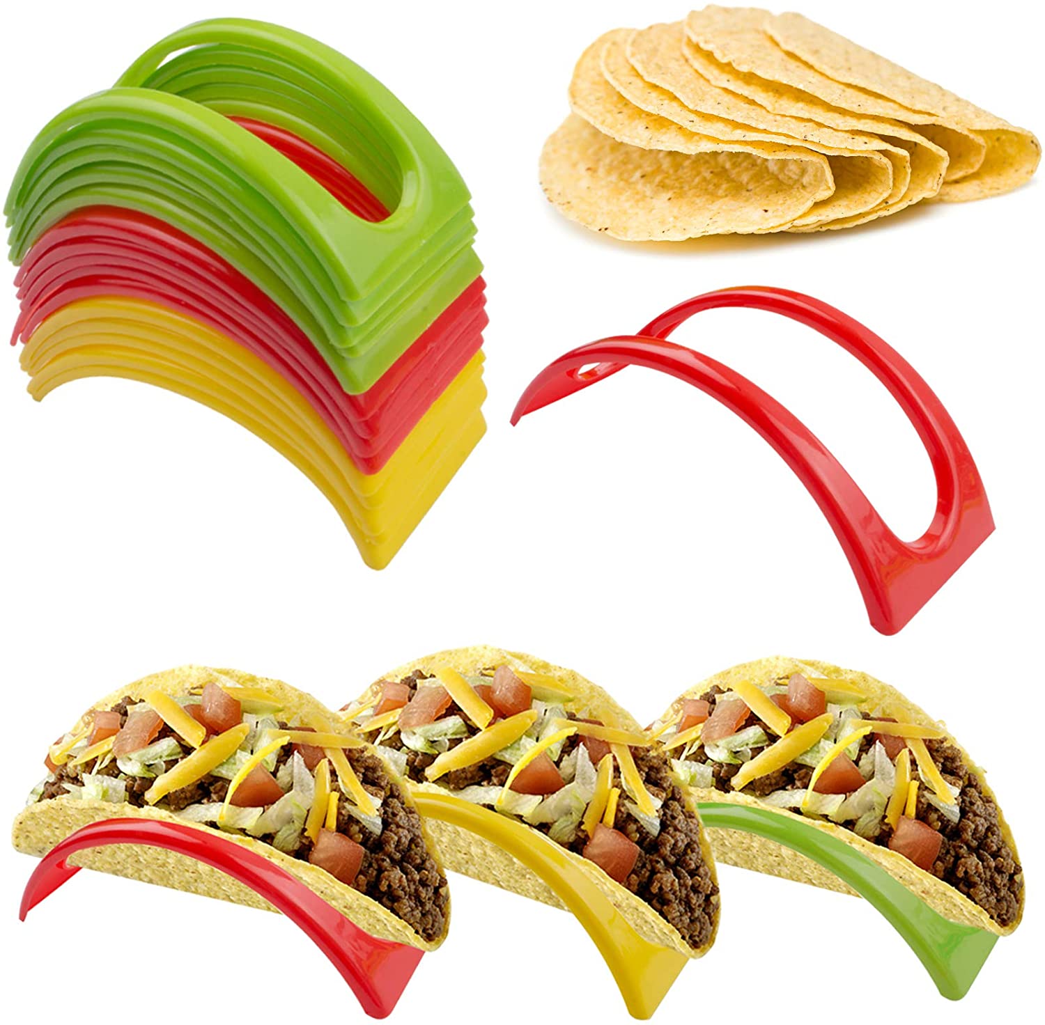 18Pcs Taco 홀더 스탠드 세트, 컬러풀 플라스틱 타코 쉘 홀더 타코 플레이트 푸드 홀더, 타코 트레이 랙 for Taco 화요일 Taco Bar Taco 파티 용품(빨간색, 노란색, 녹색):