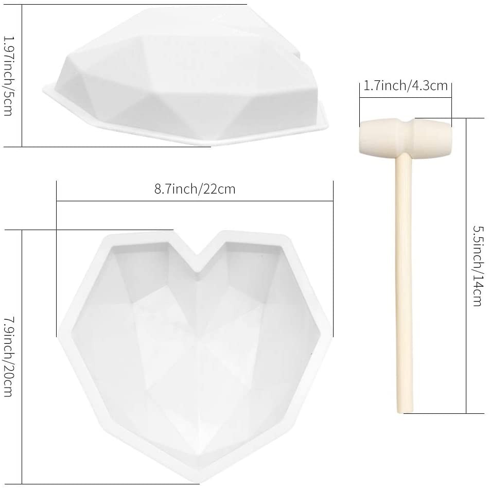 다이아몬드 하트 모양 실리콘 케이크 몰드 초콜릿 무스 디저트 베이킹 팬 실리콘 폰던트 몰드 8조각 미니 원목 해머로 발렌타인 데이: 키친 & 다이닝