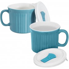 통풍 뚜껑이 있는 코닝웨어 20온스 오븐 안전 식사 머그, 풀 블루, 2인분: 커피 컵 & 머그컵
