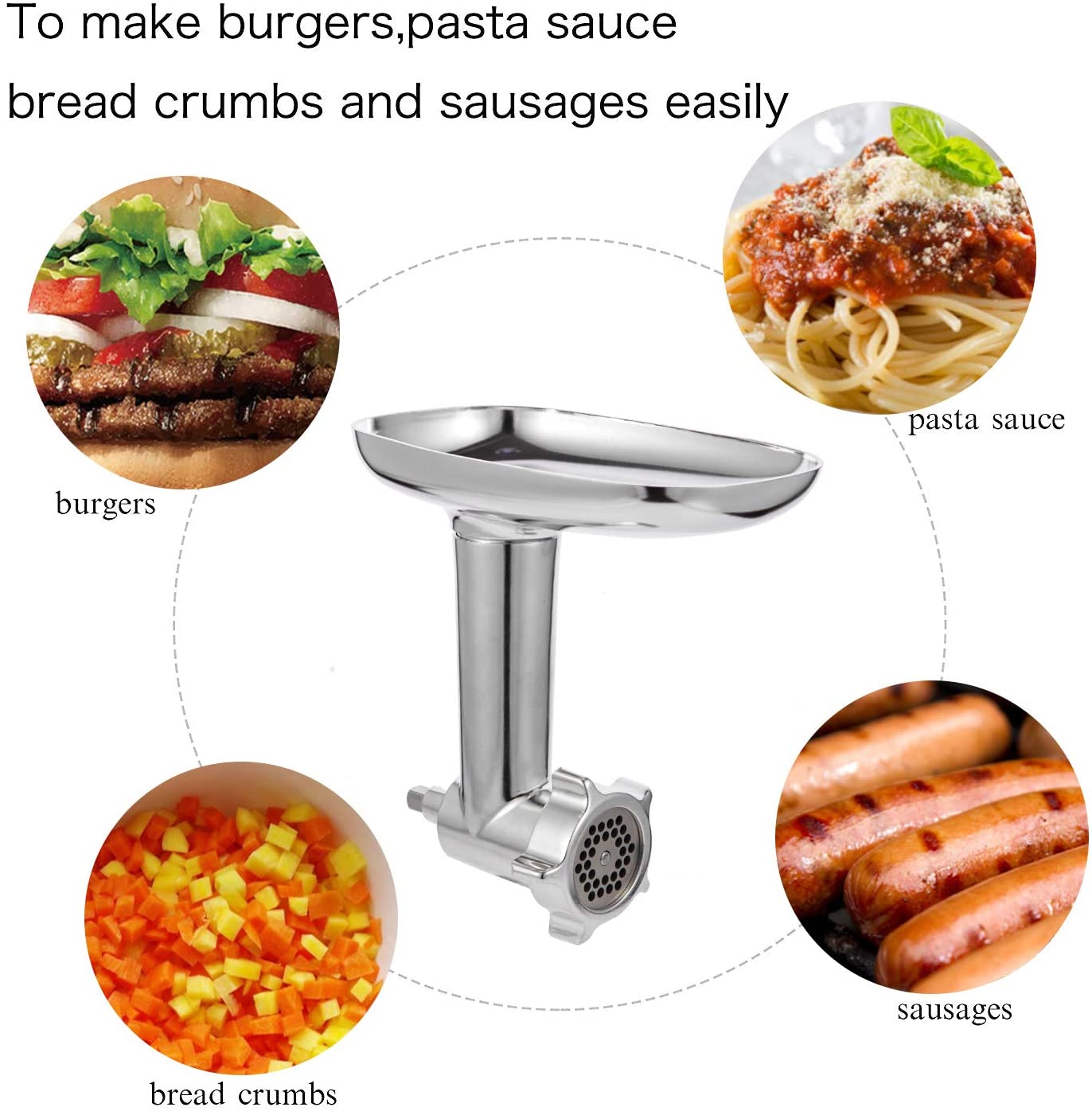키친에이드 스탠드 믹서기를 위한 메탈 푸드 그라인더 부착, 키치우드 미트 그라인더 액세서리, 소시지 스터퍼 튜브 2개, 그라인딩 플레이트 4개, 그라인딩 블레이드 2개: 키친 & 다이닝