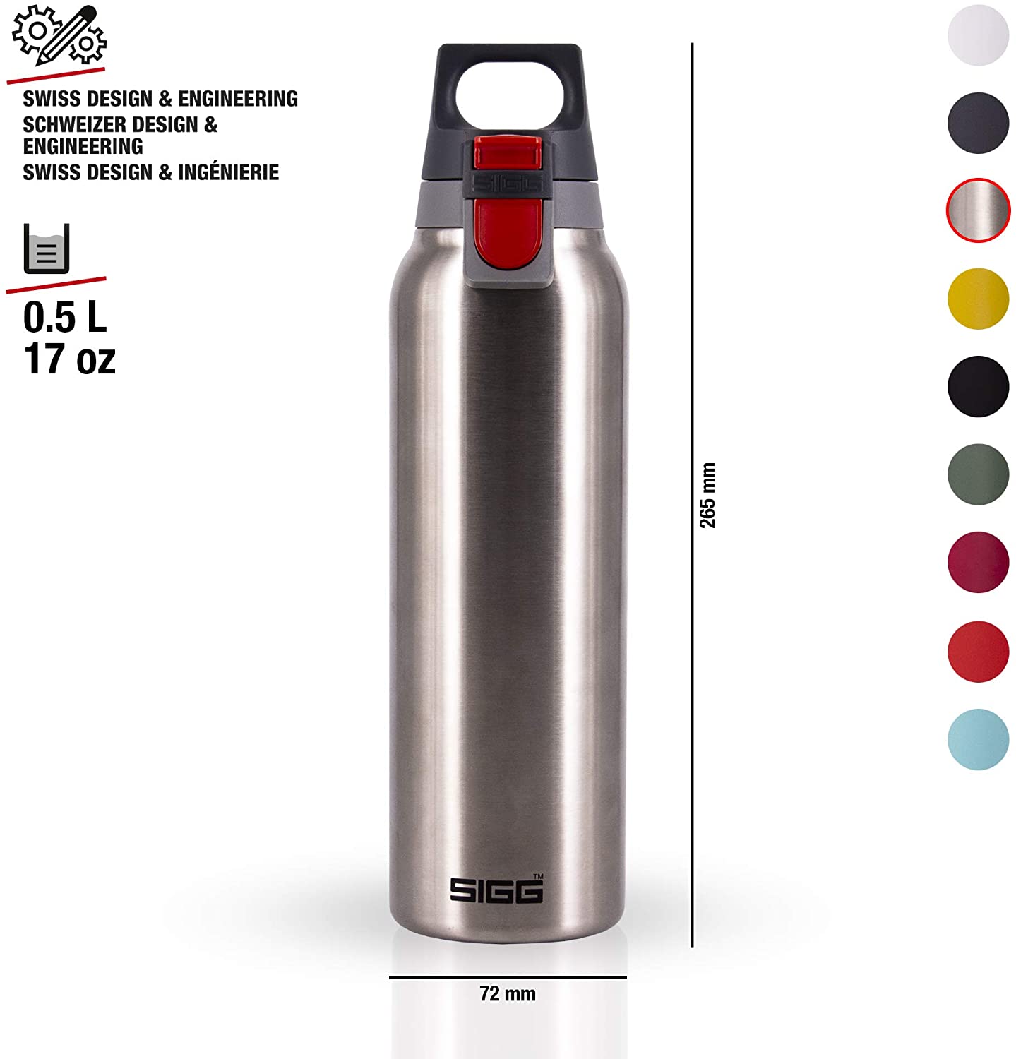 SIGG 핫 & 콜드 원 브러시 드 보모 음용 병 (0.5 L), 오염 물질이없고 절연 된 음주 병, 한 손으로 스테인레스 스틸 열 병