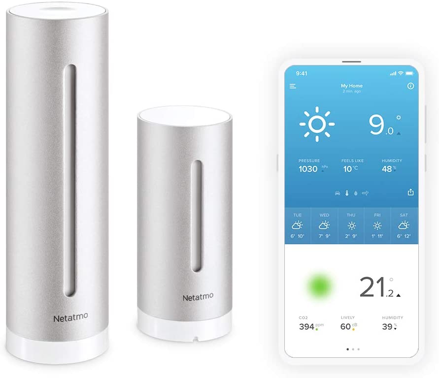 Netatmo 스마트 기상 관측소 - Wi-Fi, 라디오, 실내 및 실외 센서, 일기 예보, 아마존 알렉사 & 애플 홈킷, 히그로미터, 공기 품질, NWS01-EC