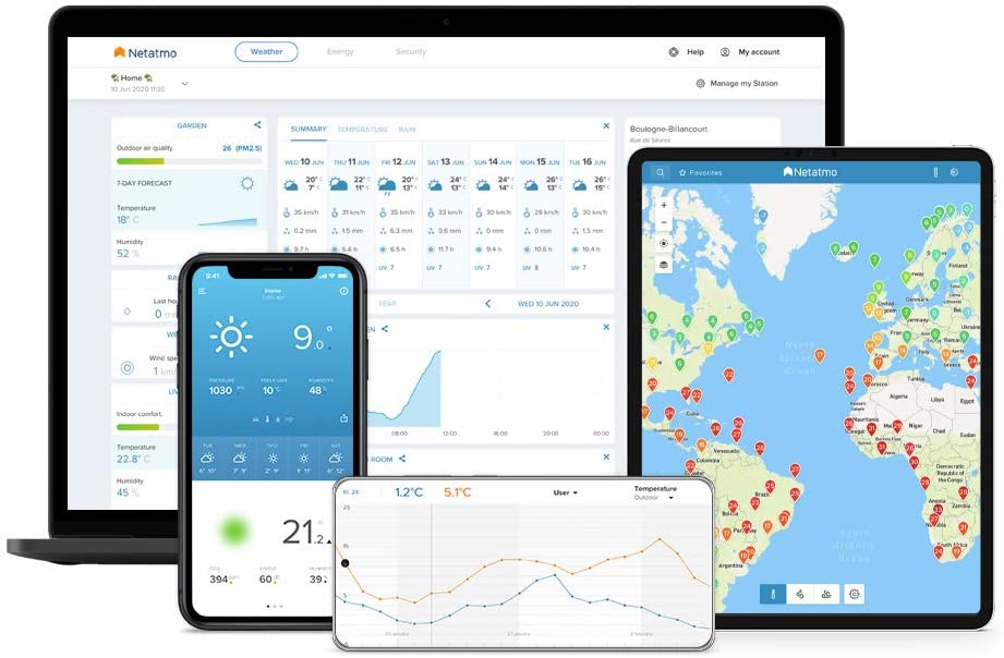 Netatmo 스마트 기상 관측소 - Wi-Fi, 라디오, 실내 및 실외 센서, 일기 예보, 아마존 알렉사 & 애플 홈킷, 히그로미터, 공기 품질, NWS01-EC