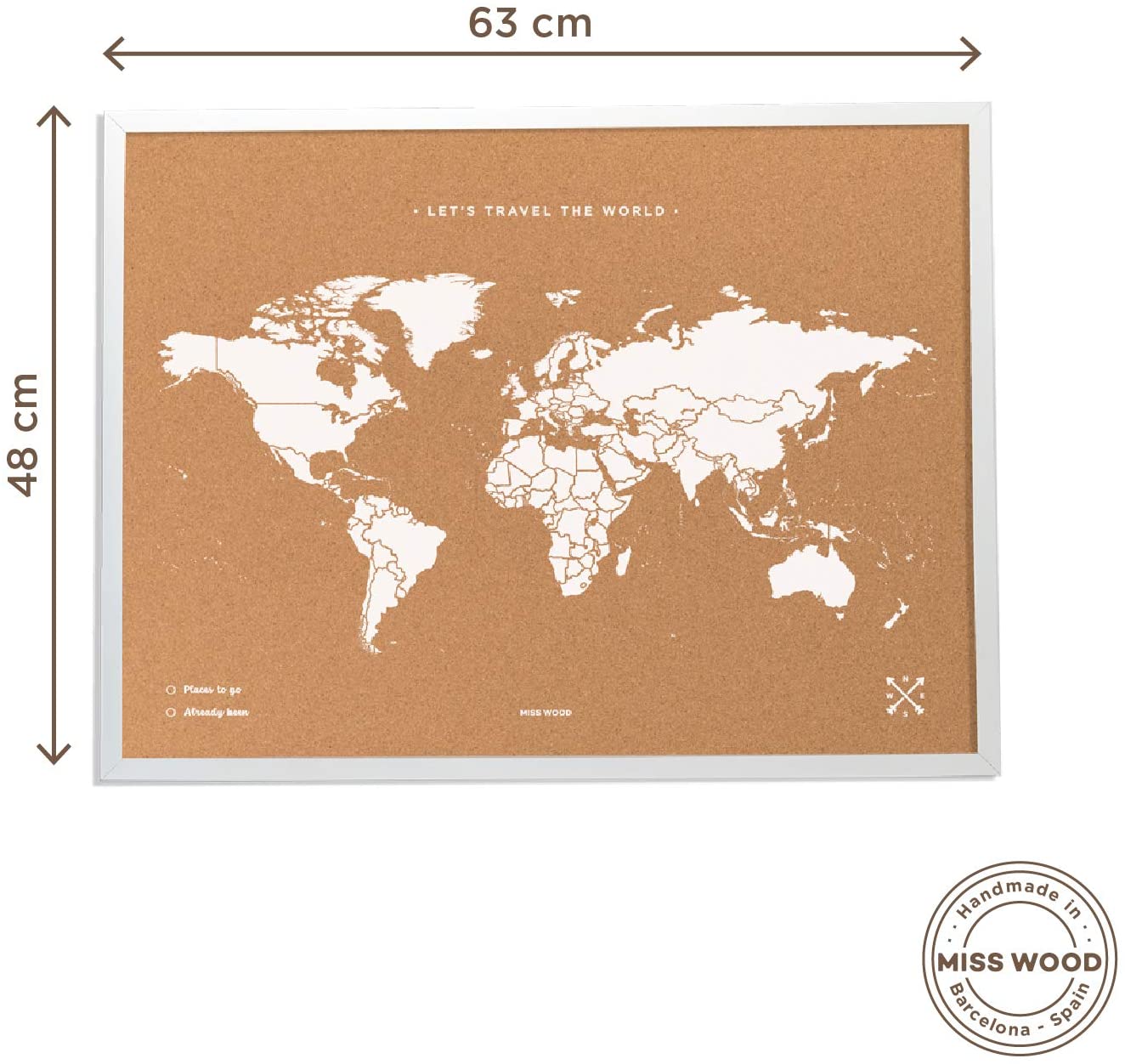 미스 우드 내 세계 세계지도 코르크, 나무 프레임, 흰색, 48 x 63 x 1.5 cm