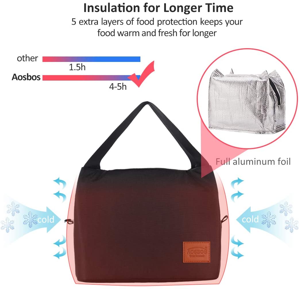 Aosbos 점심 가방 여성 절연 도시락 토트 백 식품 냉각기 상자 성인 남성 (블랙)