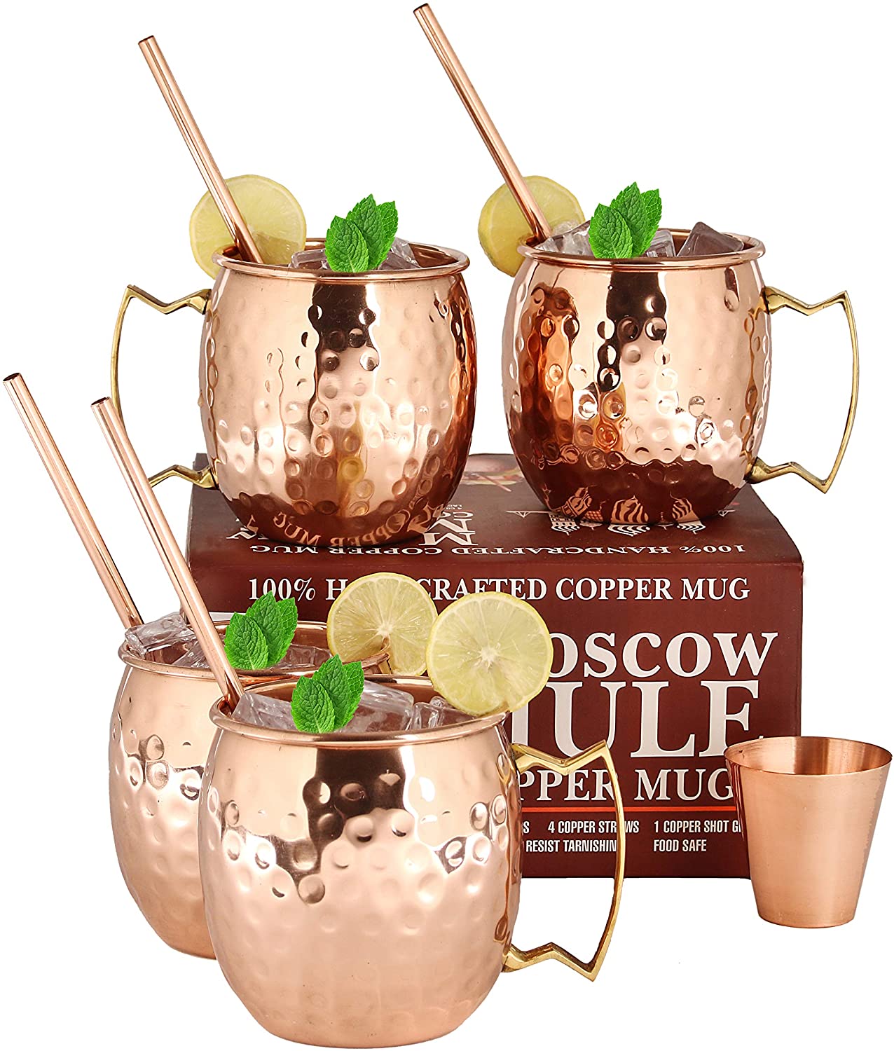 Moscow Mule Copper Mugs-4-100 % 핸드 푸드 식품 안전 순수 솔리드 구리 머그컵 세트-보너스로 16 온스 선물 세트 : 최고 품질의 4 칵테일 구리 빨대 및 레시피 소책자가있는 1 유리 잔!