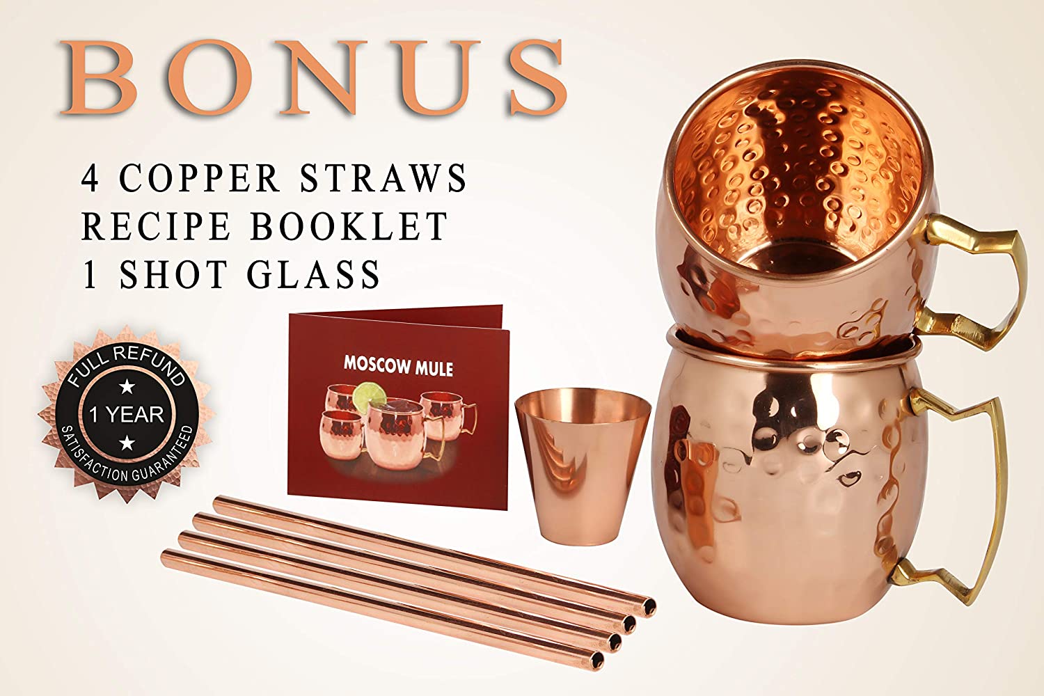 Moscow Mule Copper Mugs-4-100 % 핸드 푸드 식품 안전 순수 솔리드 구리 머그컵 세트-보너스로 16 온스 선물 세트 : 최고 품질의 4 칵테일 구리 빨대 및 레시피 소책자가있는 1 유리 잔!