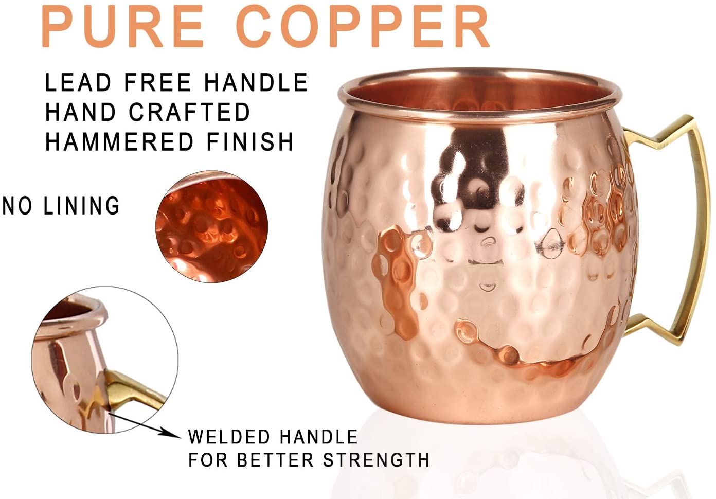 Moscow Mule Copper Mugs-4-100 % 핸드 푸드 식품 안전 순수 솔리드 구리 머그컵 세트-보너스로 16 온스 선물 세트 : 최고 품질의 4 칵테일 구리 빨대 및 레시피 소책자가있는 1 유리 잔!