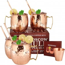 Moscow Mule Copper Mugs-4-100 % 핸드 푸드 식품 안전 순수 솔리드 구리 머그컵 세트-보너스로 16 온스 선물 세트 : 최고 품질의 4 칵테일 구리 빨대 및 레시피 소책자가있는 1 유리 잔!