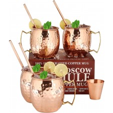 Moscow Mule Copper Mugs-4-100 % 핸드 푸드 식품 안전 순수 솔리드 구리 머그컵 세트-보너스로 16 온스 선물 세트 : 최고 품질의 4 칵테일 구리 빨대 및 레시피 소책자가있는 1 유리 잔!