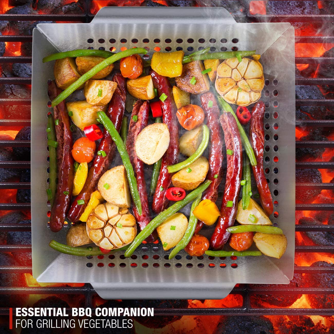 Sorbus Grill Basket-야 채용 사각 그릴 바스켓-야채 요리를위한 BBQ 그릴 도구 및 야외 액세서리 Kabob, 생선, 고기, 새우 등 – 스테인리스 스틸