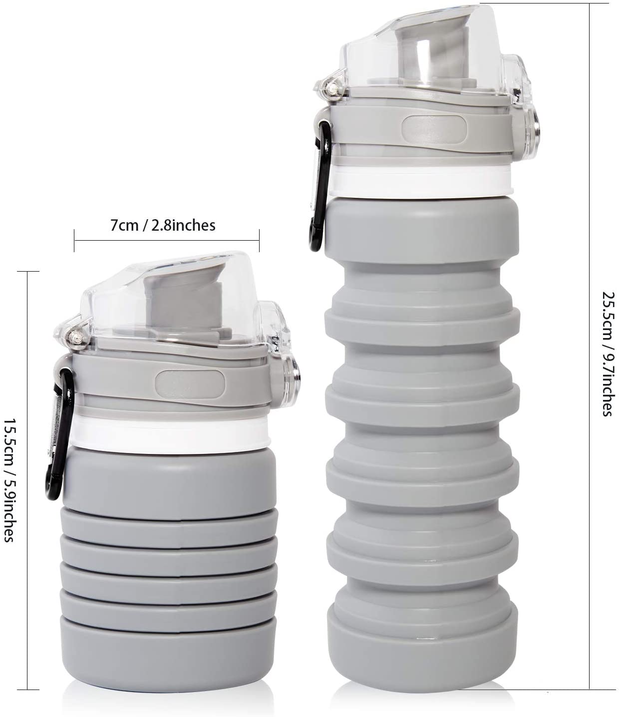 TAIKBA 접을 수있는 물병 BPA 무료, 실리콘 휴대용 누출 방지 야외 스포츠 피트니스 여행 접이식 물병 (카라비너 포함), 17oz / 500ml-회색