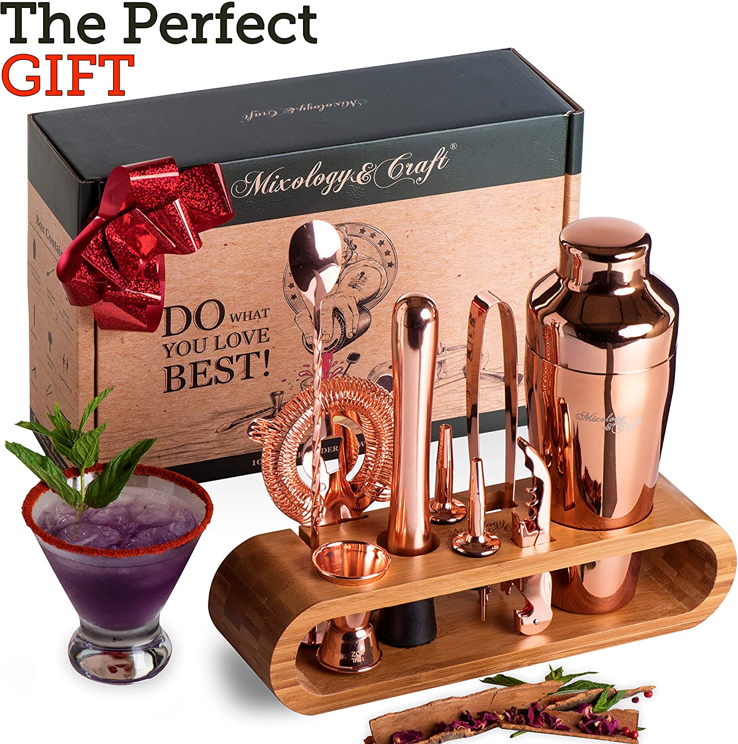 Mixology Bartender Kit : 세련된 대나무 스탠드가있는 10 피스 구리 바 세트 칵테일 셰이커 | Foolproof 음료 혼합을위한 로즈 골드 바 도구와 마티니 셰이커가있는 완벽한 홈 바텐 딩 키트