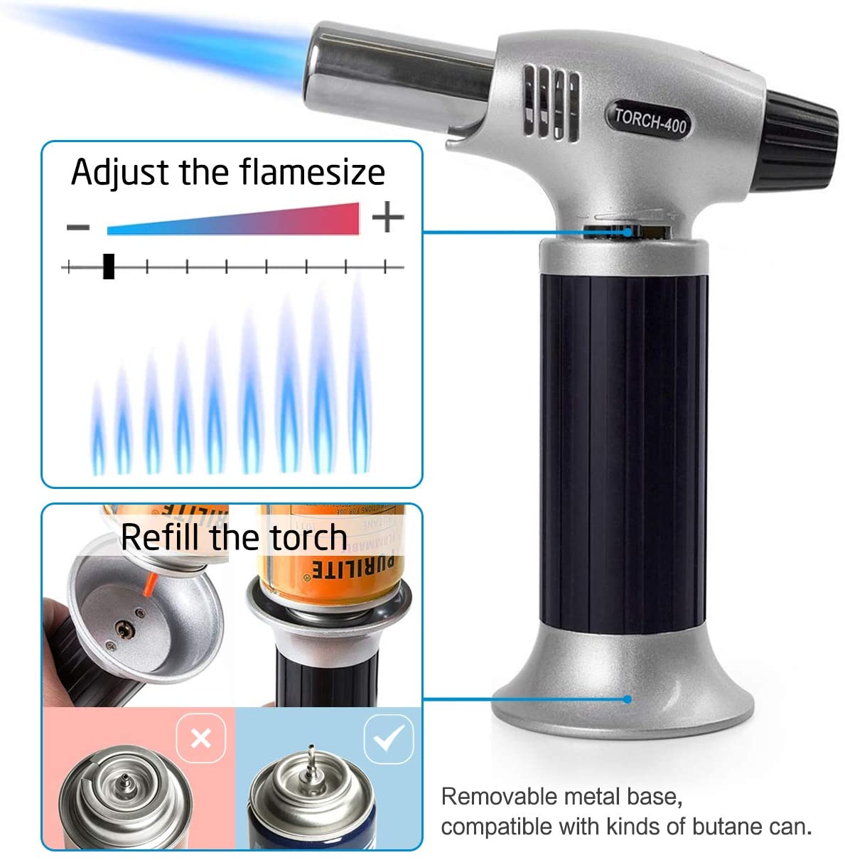 요리 용 블로우 토치, Tintec 셰프 쿠킹 토치 라이터, 부탄 리필 가능, 화염 조절 가능 (MAX 2500 ° F), 요리 용 안전 잠금 장치, BBQ, 베이킹, 브 뤼리, 크림, DIY 납땜 등