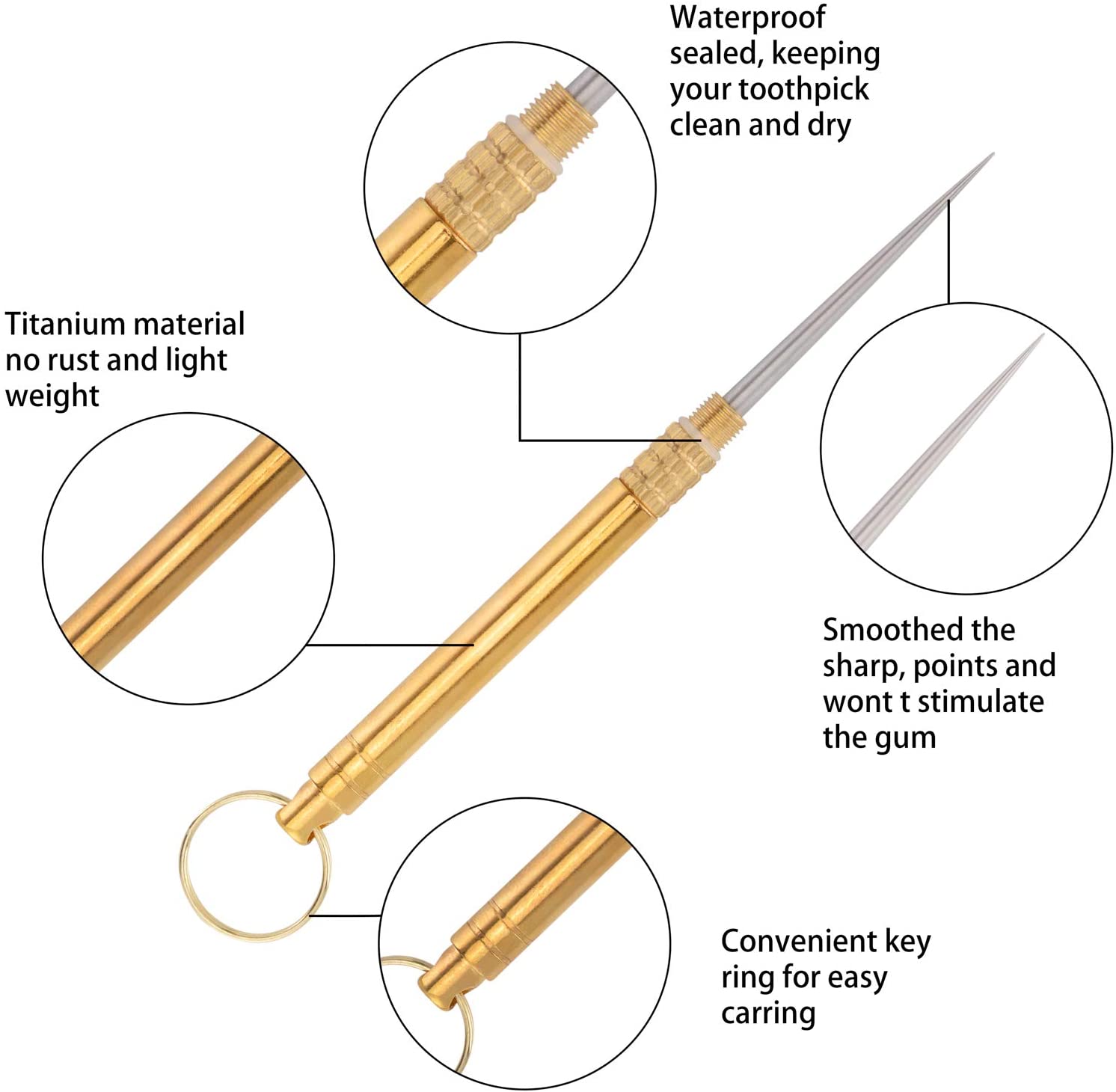 티타늄 키체인 이쑤시개 포켓 이쑤시개 금속 이쑤시개 도어 아웃도어 피크닉(황동), 수량(4)