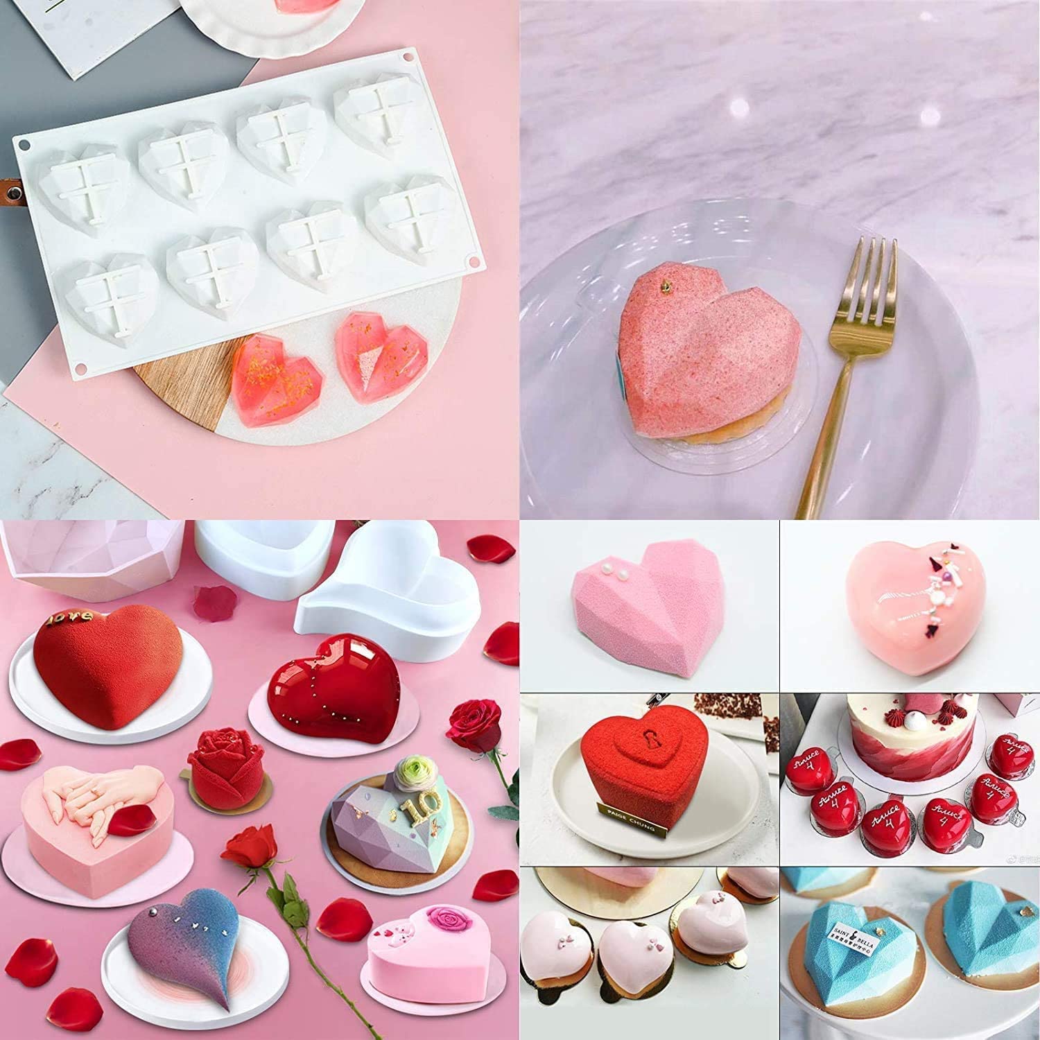 Diamond Heart Musse Silicon Cake Mold 트레이, 8개의 캐비티 하트 다이아몬드 모양의 케이크 몰드 트레이, 2조각 초콜릿 몰드 문자 번호 모양 몰드, 2조각 홈 키친 DIY 도구용 목재 해머 2개: 주방 & 다이닝