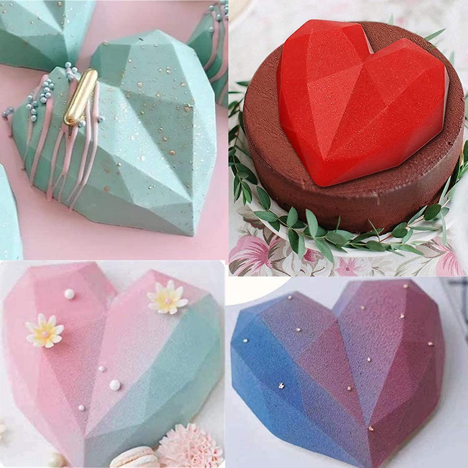 Diamond Heart Musse Silicon Cake Mold 트레이, 8개의 캐비티 하트 다이아몬드 모양의 케이크 몰드 트레이, 2조각 초콜릿 몰드 문자 번호 모양 몰드, 2조각 홈 키친 DIY 도구용 목재 해머 2개: 주방 & 다이닝