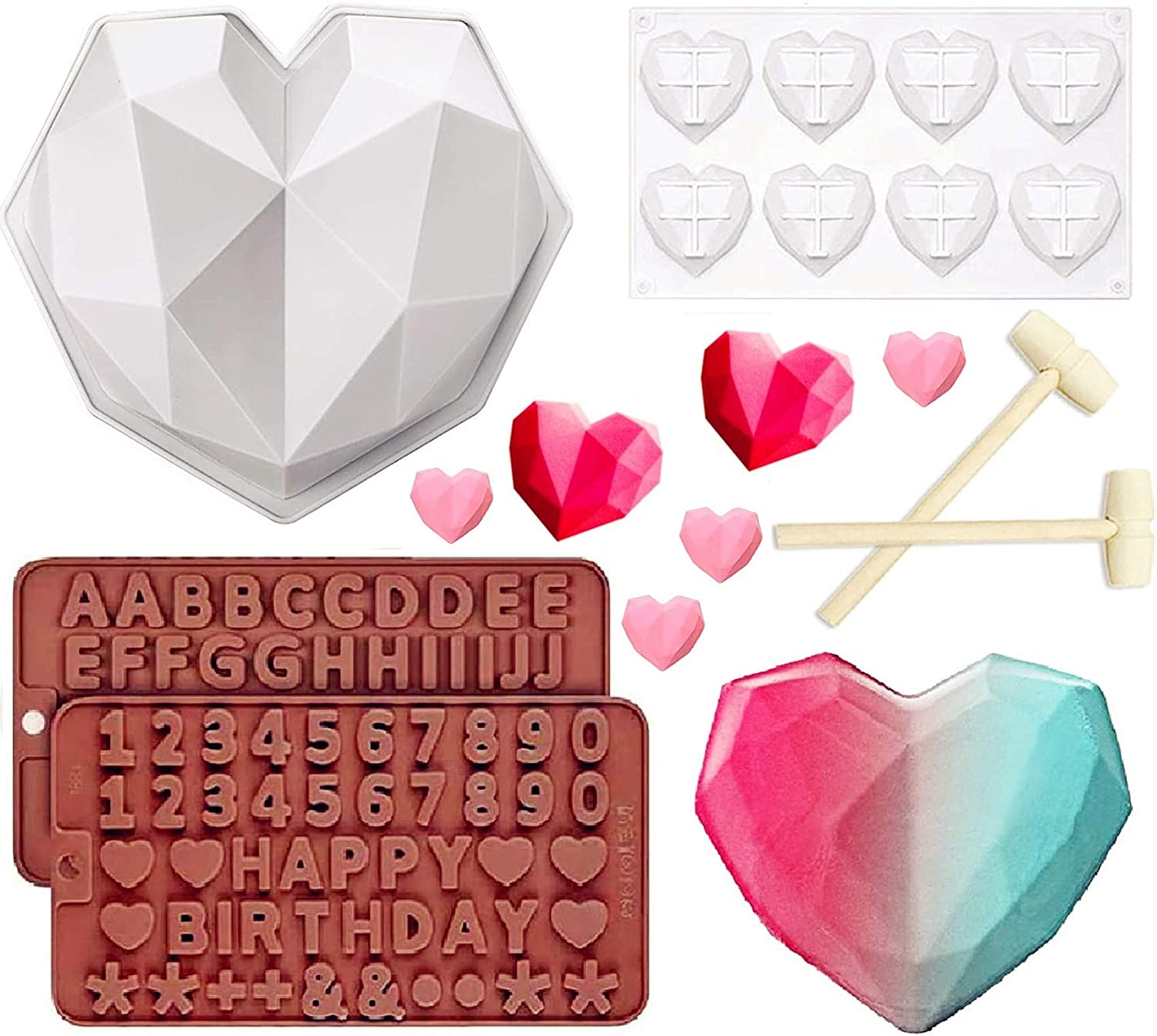 Diamond Heart Musse Silicon Cake Mold 트레이, 8개의 캐비티 하트 다이아몬드 모양의 케이크 몰드 트레이, 2조각 초콜릿 몰드 문자 번호 모양 몰드, 2조각 홈 키친 DIY 도구용 목재 해머 2개: 주방 & 다이닝