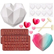 Diamond Heart Musse Silicon Cake Mold 트레이, 8개의 캐비티 하트 다이아몬드 모양의 케이크 몰드 트레이, 2조각 초콜릿 몰드 문자 번호 모양 몰드, 2조각 홈 키친 DIY 도구용 목재 해머 2개: 주방 & 다이닝