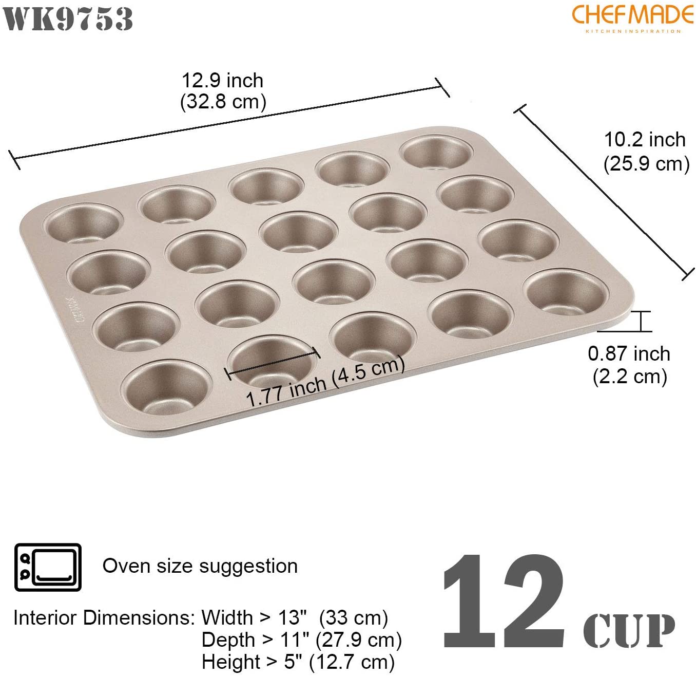 셰프메이드 미니 머핀팬, 20캐비티 논스틱 타이니 컵케이크 오븐 베이킹용 팬 베이크웨어(챔파뉴골드): 키친 & 다이닝