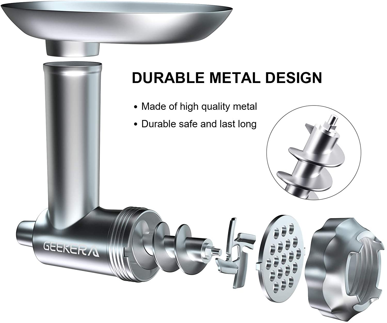 키친에이드 스탠드 믹서기를 위한 메탈 푸드 그라인더 부착물, 키친에이드와 호환되는 GEEKERA 내구성이 있는 고기 그라인더 소시지 스터퍼 부착물, 소시지 스터퍼 튜브 3개 포함: 주방 & 다이닝