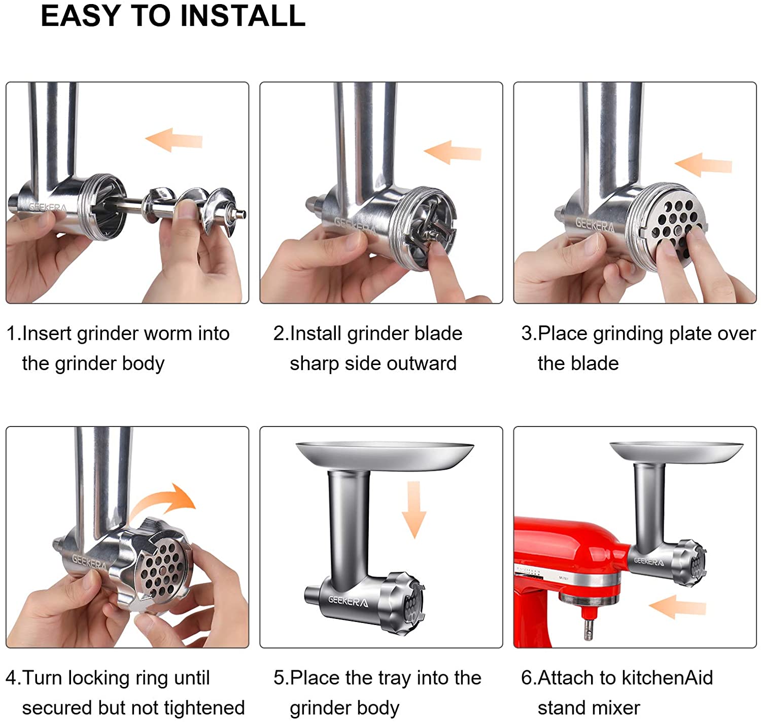 키친에이드 스탠드 믹서기를 위한 메탈 푸드 그라인더 부착물, 키친에이드와 호환되는 GEEKERA 내구성이 있는 고기 그라인더 소시지 스터퍼 부착물, 소시지 스터퍼 튜브 3개 포함: 주방 & 다이닝