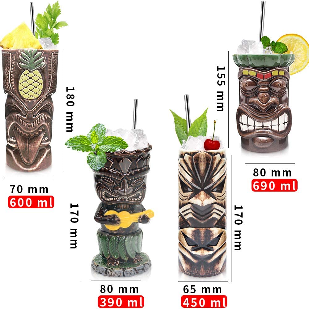 4–세라믹 하와이 파티 머그잔 대형 음료수 세트, 칵테일을 위한 티키 바 머그잔, 이국 파티를 위한 프리미엄 열대컵 음료 - TJB02(4pcs):