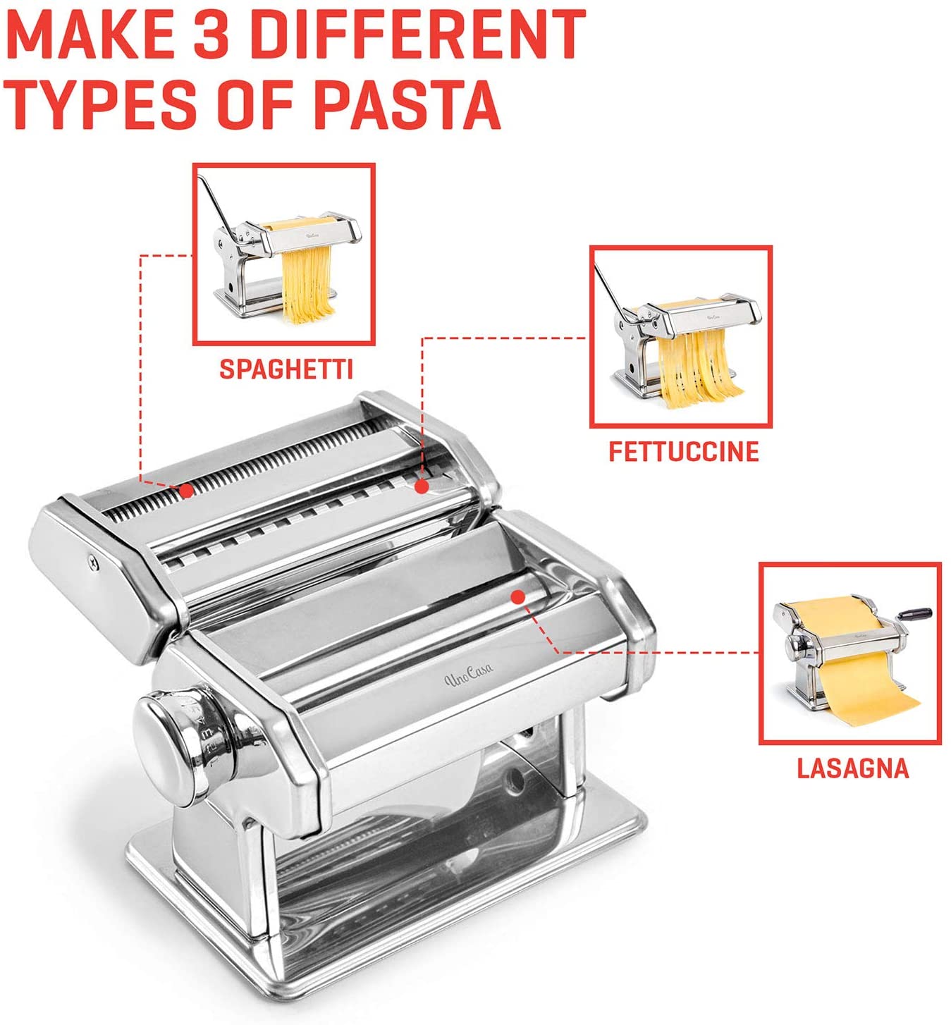 우노 카사 파스타 제조기 - 파스타 롤러 국수 제조기 - 파스타 커터와 라비올리 몰드를 사용한 파스타 롤러: 키친 & 다이닝