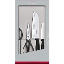 Victorinox Swiss Classic 4 피스 키친 세트, 주방 나이프, 껍질 벗기기 나이프, 주방 가위 및 범용 필러 (블랙)