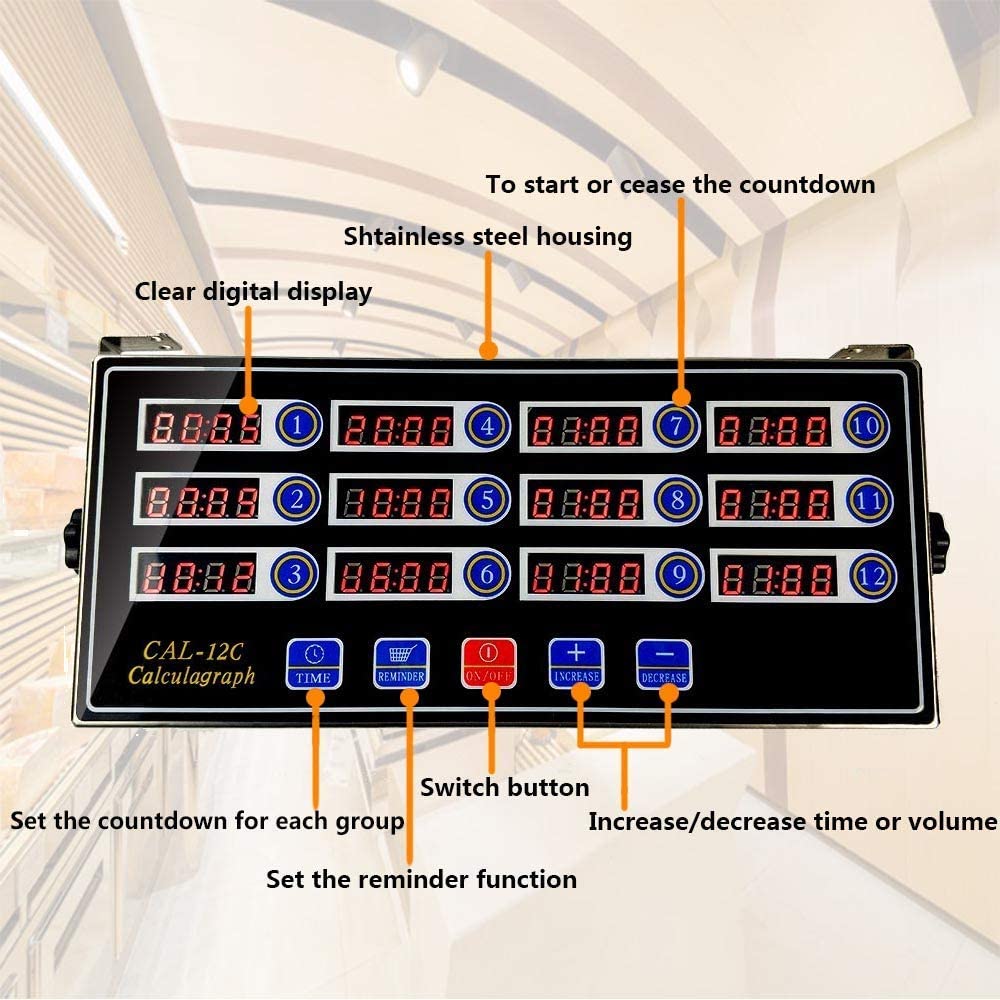 NJTFHU 상업 12 채널 주방 타이머 멀티 디지털 LED 디스플레이 요리 알림 시끄러운 경보 스테인레스 스틸 Restaturant 홈 주방 사용