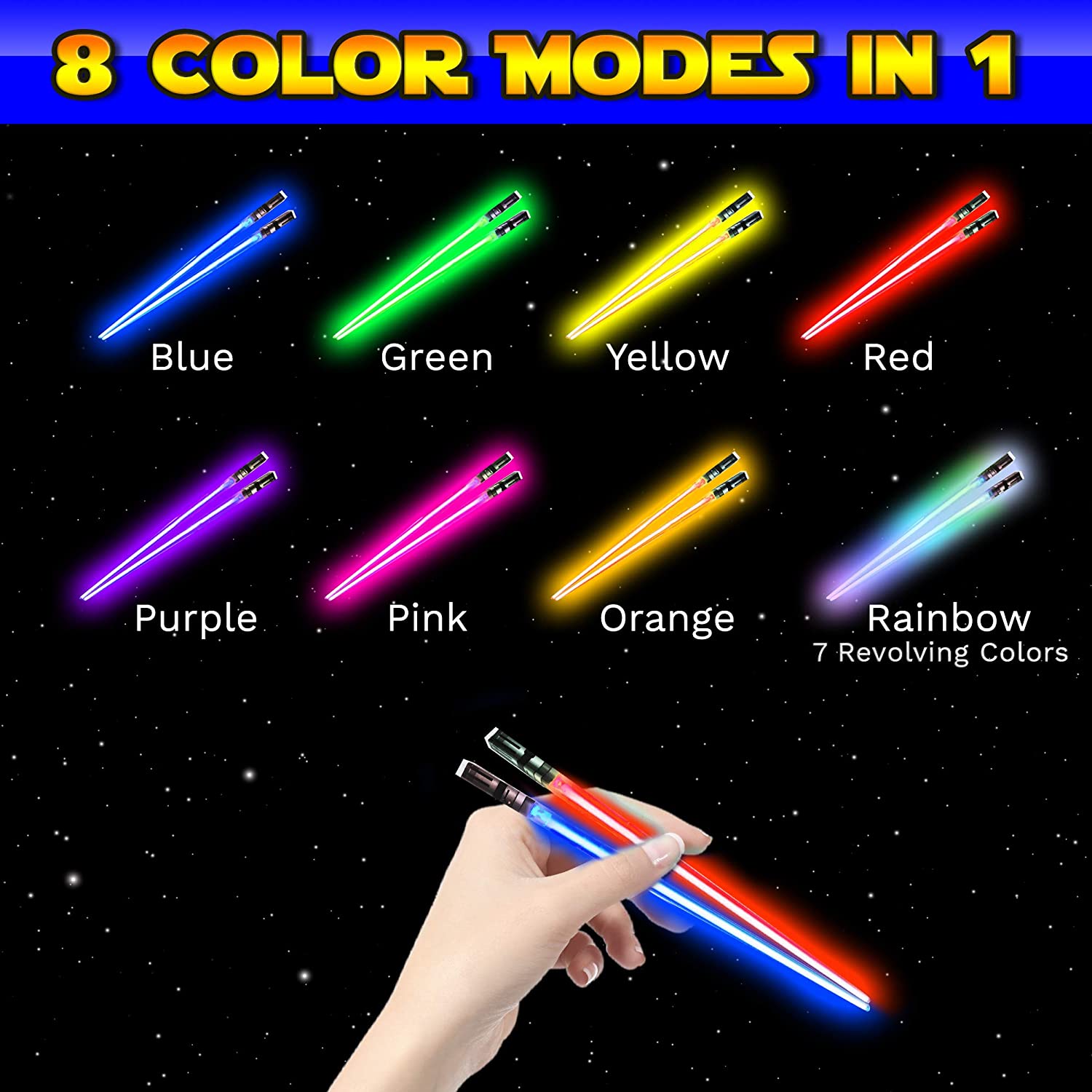 LIGHTSABER CHOPSTICKS LIGHT UP STAR WARS LED 글로 잉 라이트 세이버 찹 스틱 재사용 가능한 스시 라이트 업 세이버 밝은 LED 8 가지 색상 모드-1 쌍