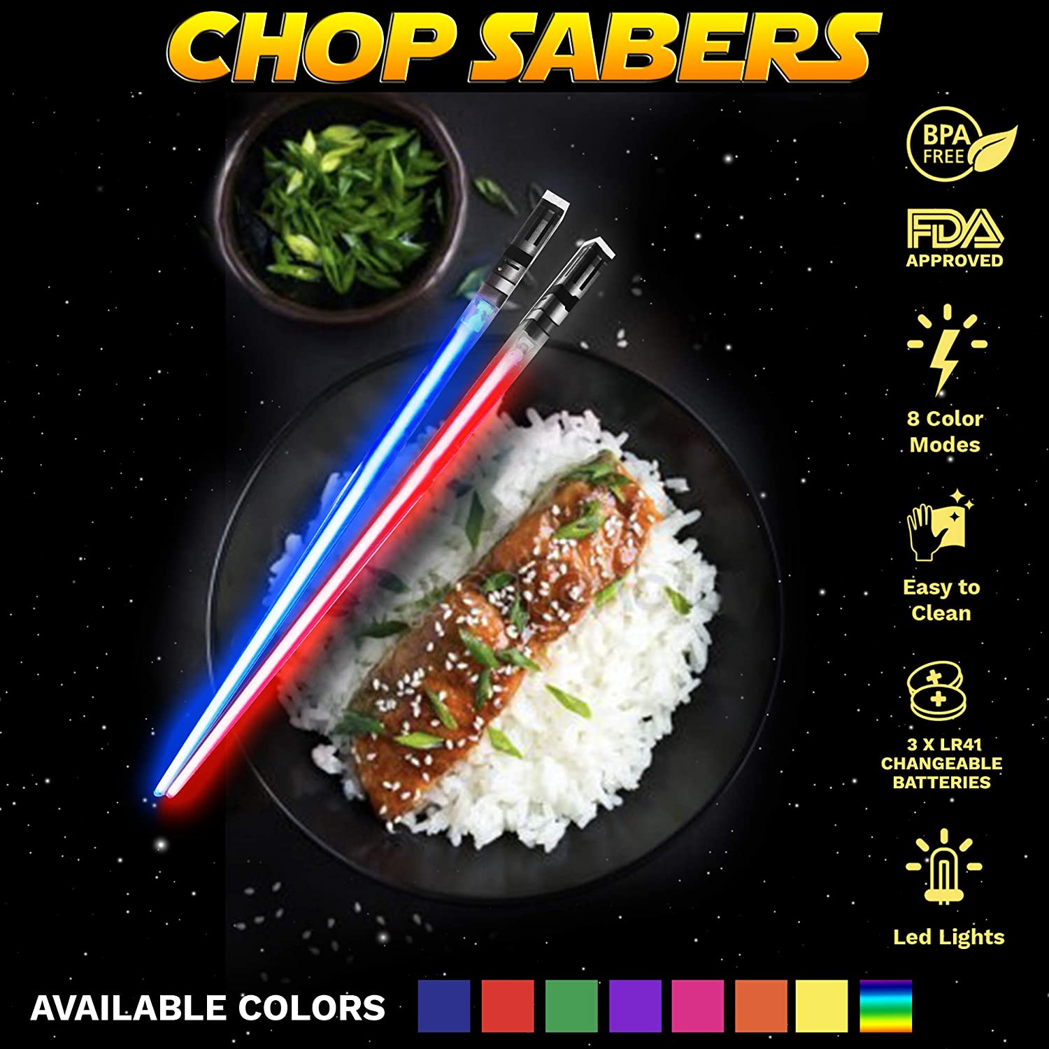 LIGHTSABER CHOPSTICKS LIGHT UP STAR WARS LED 글로 잉 라이트 세이버 찹 스틱 재사용 가능한 스시 라이트 업 세이버 밝은 LED 8 가지 색상 모드-1 쌍