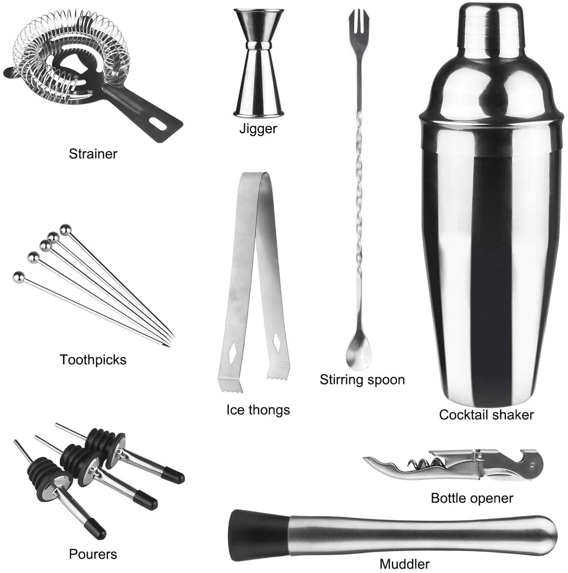 칵테일 셰이커 세트 바텐더 키트 (16PCS), 700ml 스테인리스 스틸 바 도구 세트 (스탠드 포함) 모든 액세서리, 홈 파티 바 및 데일리 사용을위한 칵테일 바 세트