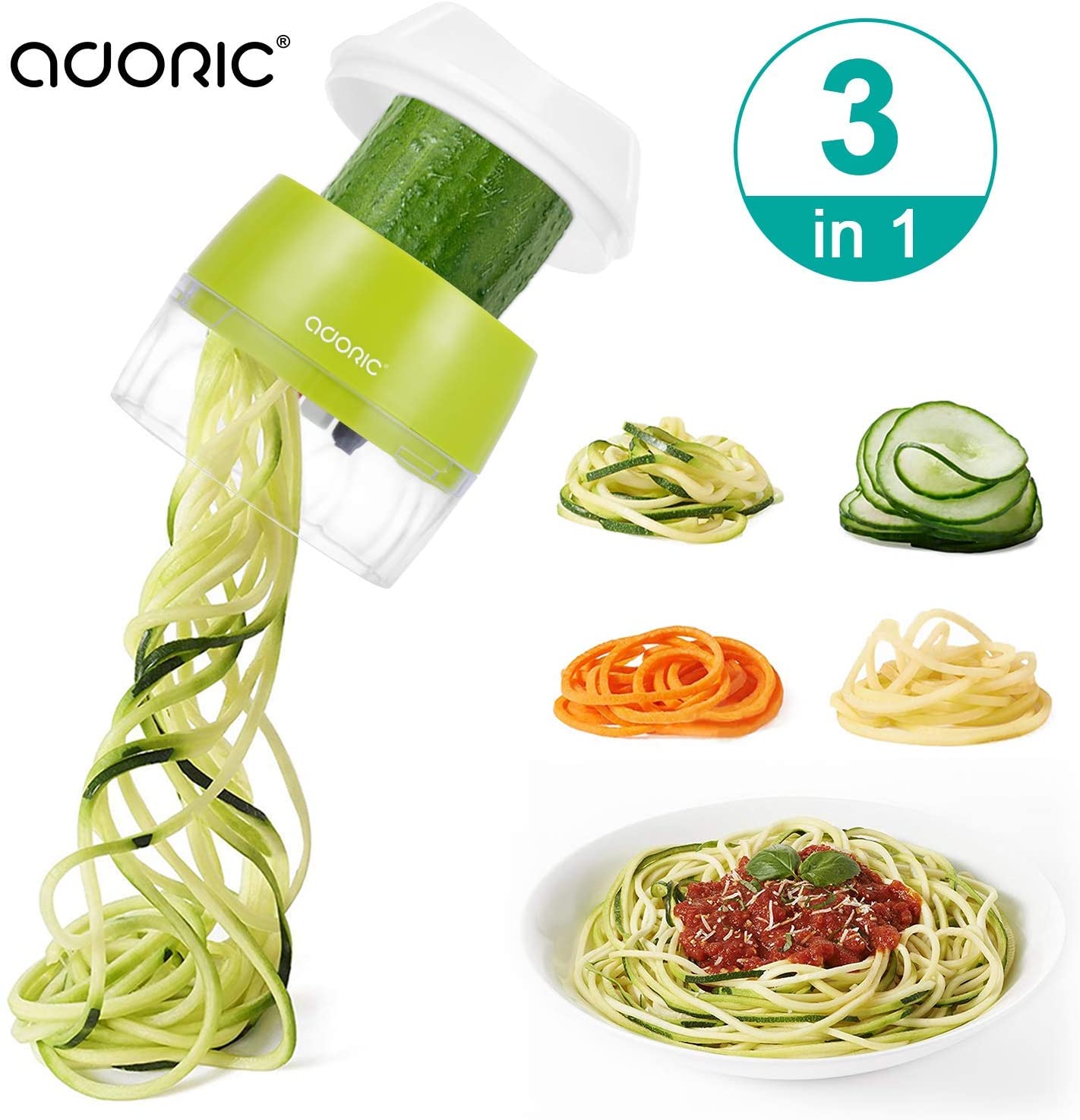 휴대용 Spiralizer 야채 슬라이서, Adoric 3 in 1 헤비 듀티 야채 나선형 커터-저탄수화물 / 팔 레오 / 글루텐 프리 식사를위한 Zoodle 파스타 스파게티 메이커