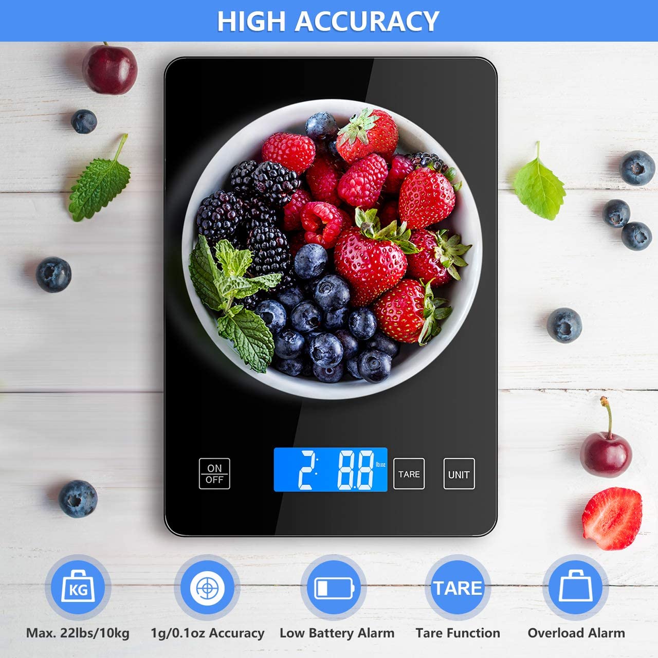 Nicewell Food Scale 디지털 무게 그램 및 온스, 베이킹 요리 용 22lb 주방 저울, 1g / 0.1oz 정확한 눈금, 매끄러운 방수 강화 유리 플랫폼