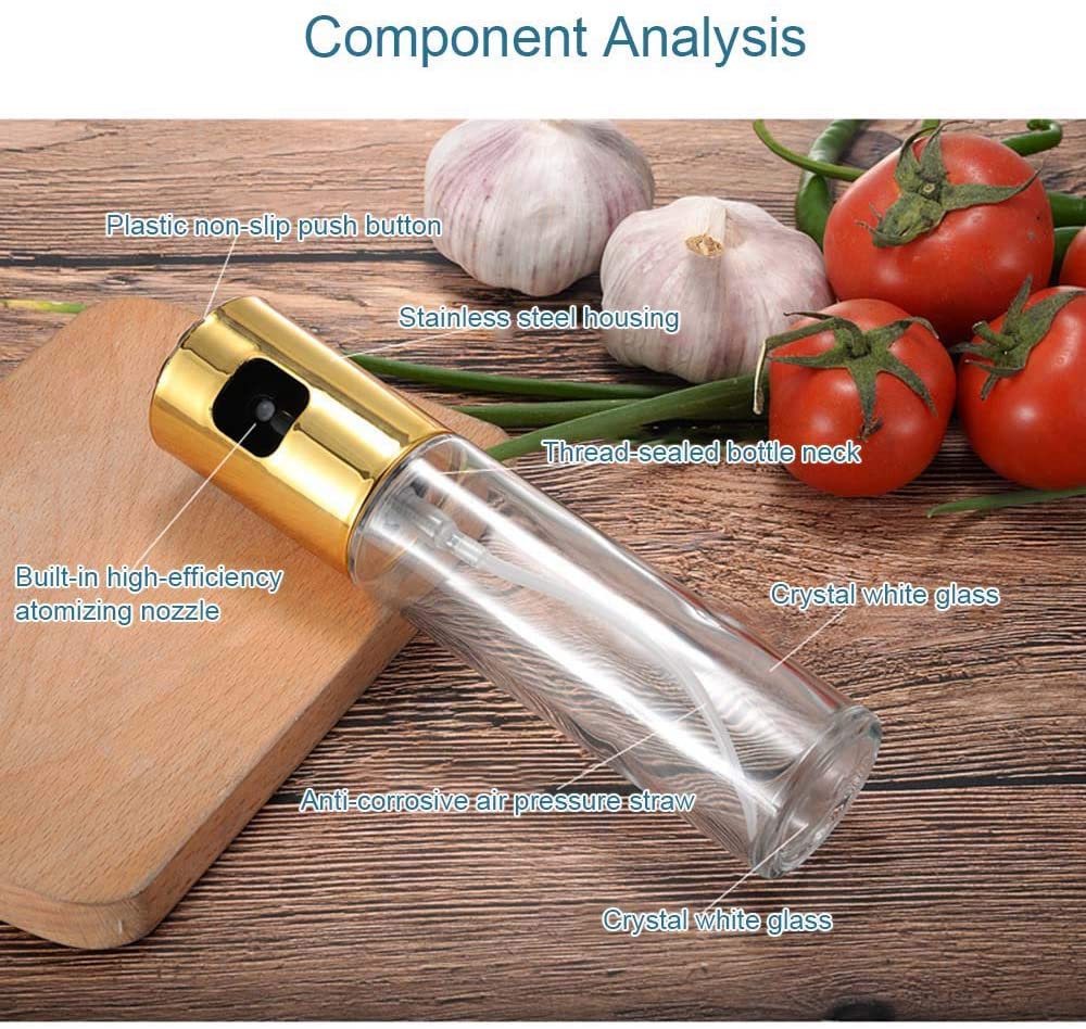요리 용 올리브 오일 분무기 (2 개), 식품 등급 유리 오일 디스펜서 미스터, 바비큐, 굽고, 베이킹, 튀김 용 실리콘 오일 브러시 2 개가있는 리필 가능한 스프레이 병