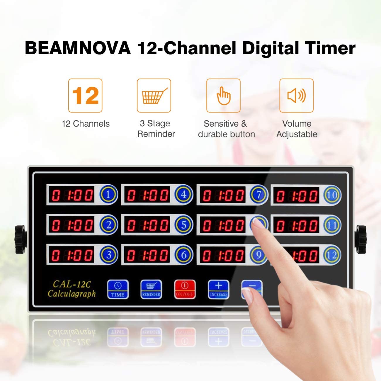 BEAMNOVA 12 채널 디지털 주방 타이머 요리 알림 상업 시끄러운 링 알람 스테인레스 스틸 조절 볼륨