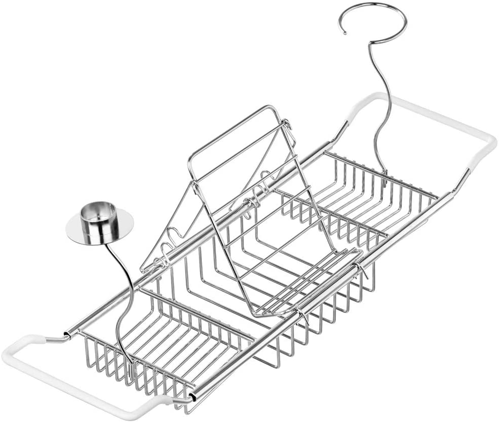 blitzlabs 욕조 캐디 와인 글라스 선반, 책 홀더, 촛대가있는 스테인레스 스틸 욕조 트레이-확장 핸들 샤워 구성 랙-욕실 액세서리