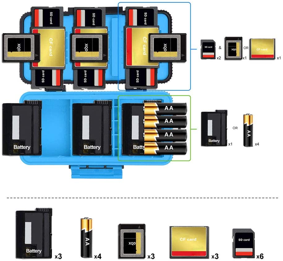 LENSGO 카메라 배터리 메모리 카드 케이스, 메모리 카드 하드 보호 케이스 방수 충격 방지 컴팩트 카메라 배터리 카드 보관함 카메라 배터리 3 개용 XQD 3 개 또는 CF 카드 3 개 SD 카드 6 개 (파란색)