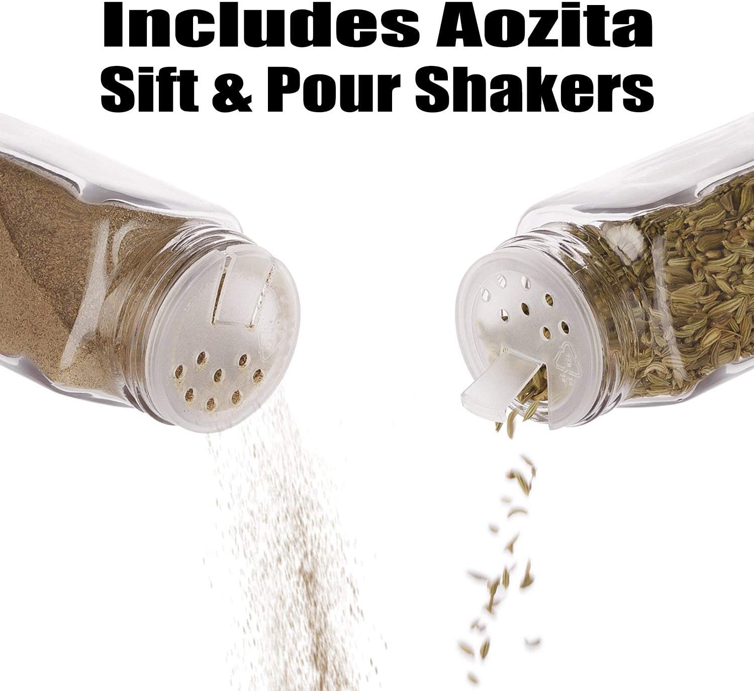 Aozita 24 Pcs Glass Spice Jars / Bottles-4oz Empty Square Spice Containers with 612 Spice Labels-Shaker Lids and Airtight Metal Caps-Silicone Collapsible Funnel Included