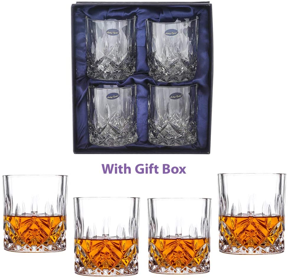 Amlong Crystal Lead Free Double Old Fashioned Crystal Whisky Glass-클래식 한 스타일리시 한 디자인 – 스카치, 버번, 코냑 및 칵테일 잔에 적합, 9 온스, 선물 상자 포함 4 개 세트