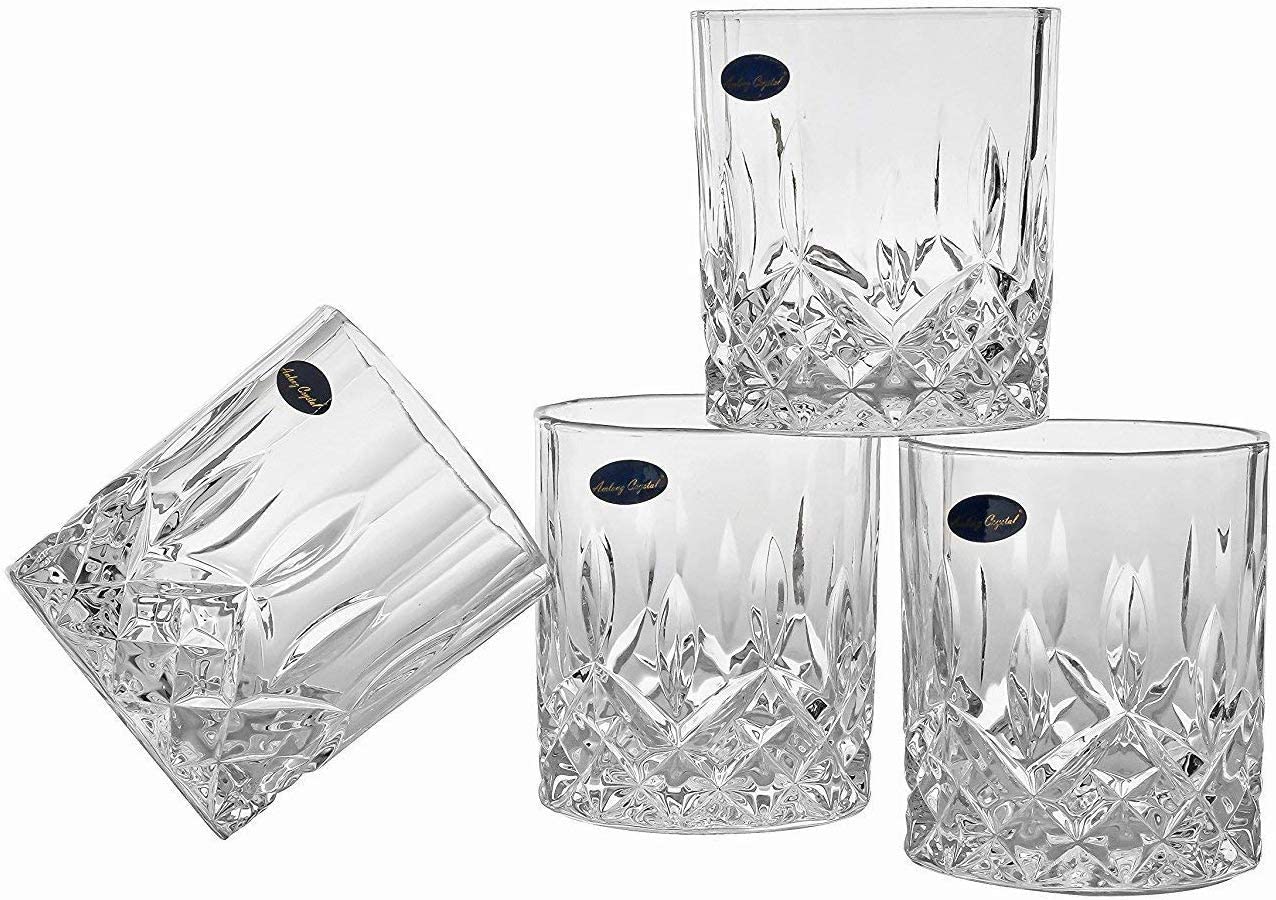 Amlong Crystal Lead Free Double Old Fashioned Crystal Whisky Glass-클래식 한 스타일리시 한 디자인 – 스카치, 버번, 코냑 및 칵테일 잔에 적합, 9 온스, 선물 상자 포함 4 개 세트