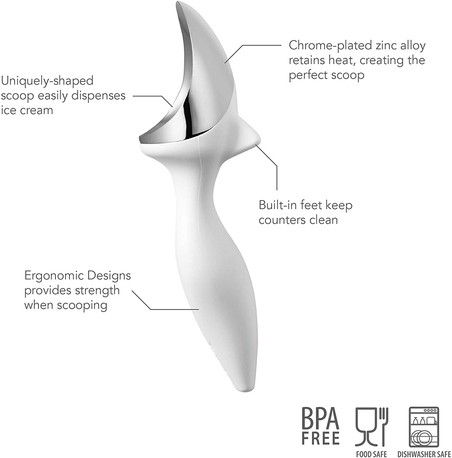 토볼로 틸트 업 아이스크림 스쿱, 인체공학적 밸런스 핸들, 크롬 도금, 식기세척기 안전, 화이트: 키친 & 다이닝
